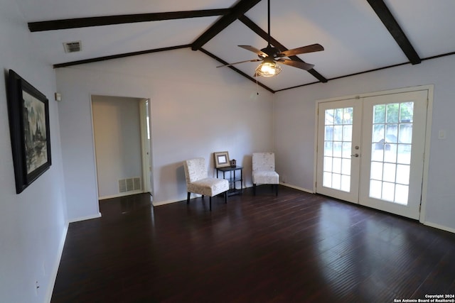 unfurnished room with lofted ceiling with beams, dark hardwood / wood-style floors, ceiling fan, and french doors