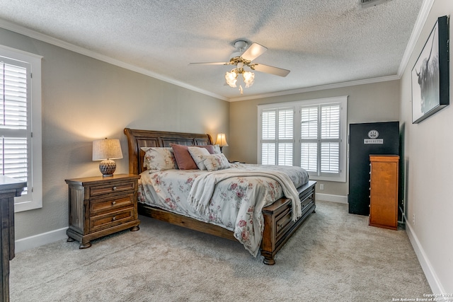 bedroom featuring ceiling fan, light colored carpet, and multiple windows