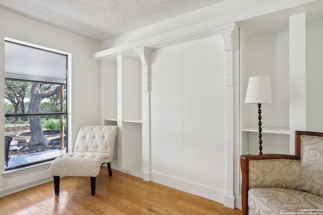 sitting room with light wood-type flooring and a textured ceiling