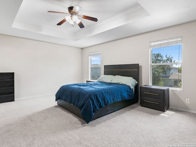 bedroom with ceiling fan, a tray ceiling, and carpet flooring