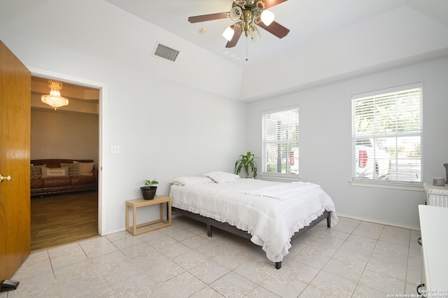 bedroom featuring light wood-type flooring and ceiling fan