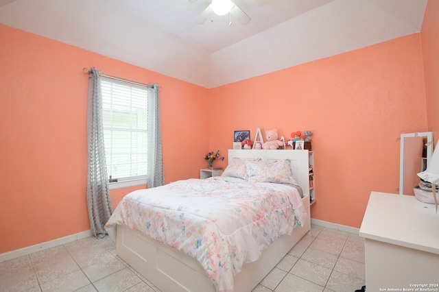 bedroom featuring light tile patterned floors and ceiling fan