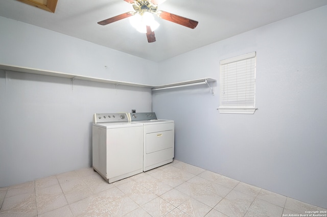 laundry room with washer and dryer and ceiling fan