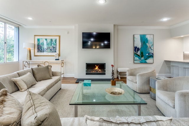 living room featuring light wood-type flooring and crown molding