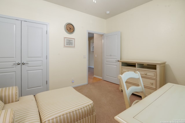 bedroom with light carpet and a closet