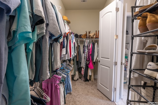 spacious closet featuring light colored carpet