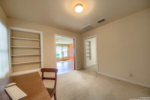 interior space with light colored carpet and built in features