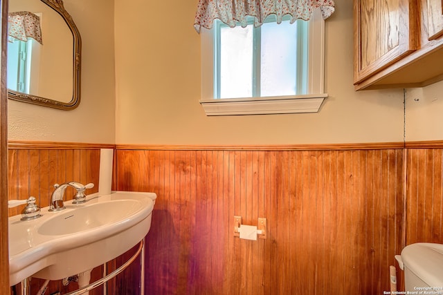 bathroom featuring wooden walls, toilet, and sink