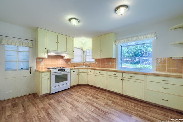 kitchen with light hardwood / wood-style flooring, plenty of natural light, tasteful backsplash, and white gas range oven