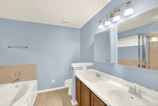 full bathroom with shower with separate bathtub, vanity, tile patterned flooring, and toilet