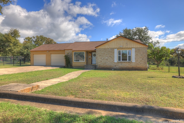 ranch-style house with a front yard and a garage