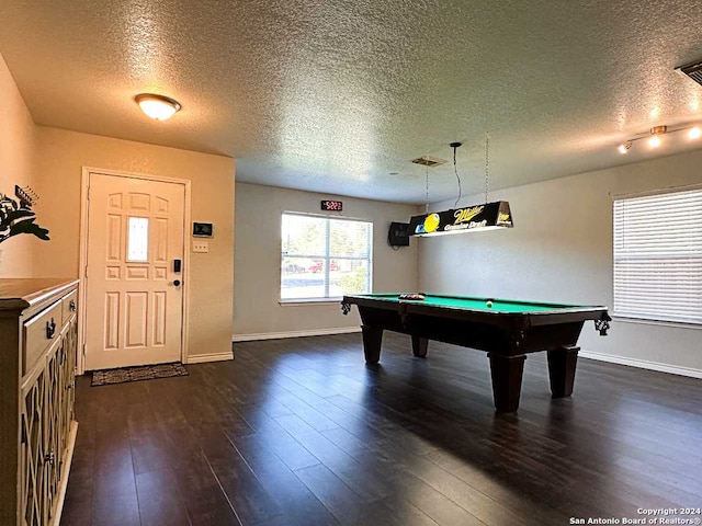 rec room featuring a textured ceiling, dark wood-type flooring, and billiards