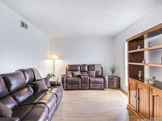 living room with light wood-type flooring and a textured ceiling