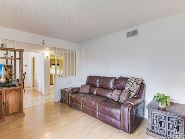 living room featuring light hardwood / wood-style flooring and a textured ceiling