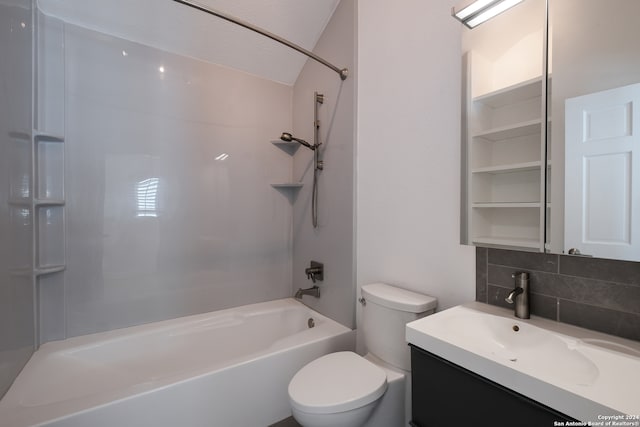 full bathroom with tasteful backsplash, tub / shower combination, vanity, a textured ceiling, and toilet