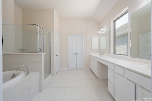 bathroom featuring vanity and plus walk in shower