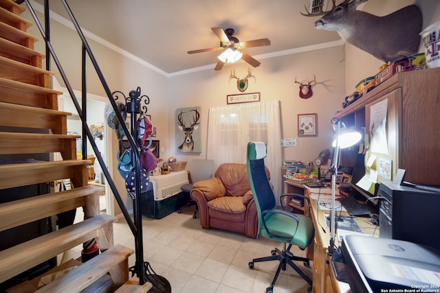 tiled home office with ornamental molding and ceiling fan