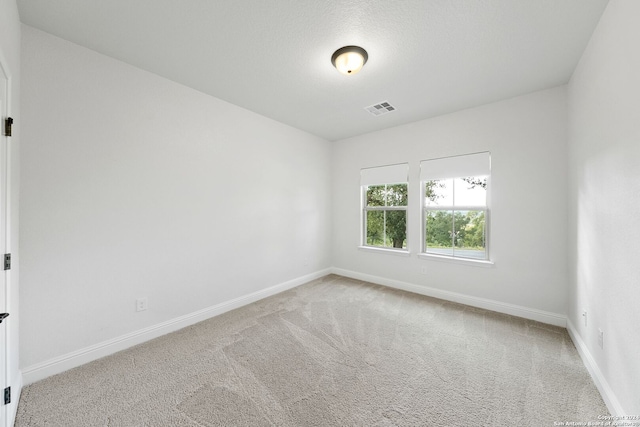 empty room featuring a textured ceiling and light colored carpet