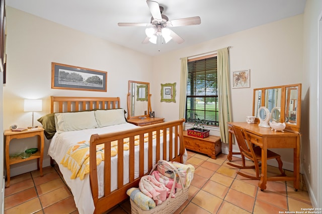 bedroom with light tile patterned flooring and ceiling fan