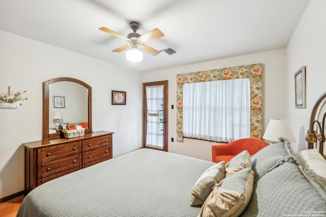 bedroom featuring ceiling fan and carpet flooring