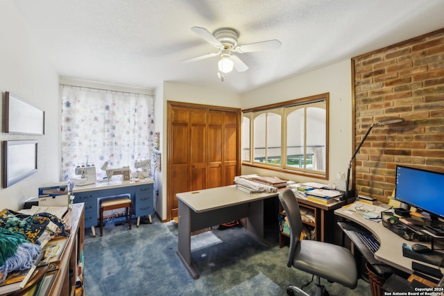 carpeted office with ceiling fan and a textured ceiling