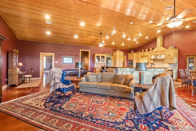 living room featuring ceiling fan, wood-type flooring, wood ceiling, and high vaulted ceiling