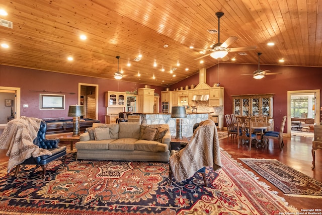 living room with wooden ceiling, hardwood / wood-style flooring, ceiling fan, and high vaulted ceiling