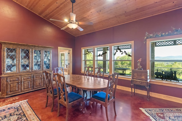 dining area featuring high vaulted ceiling, ceiling fan, and wooden ceiling