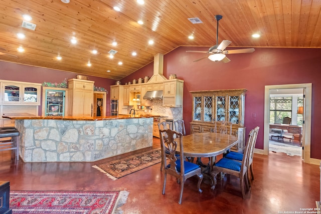 dining space with concrete floors, wood ceiling, ceiling fan, and high vaulted ceiling