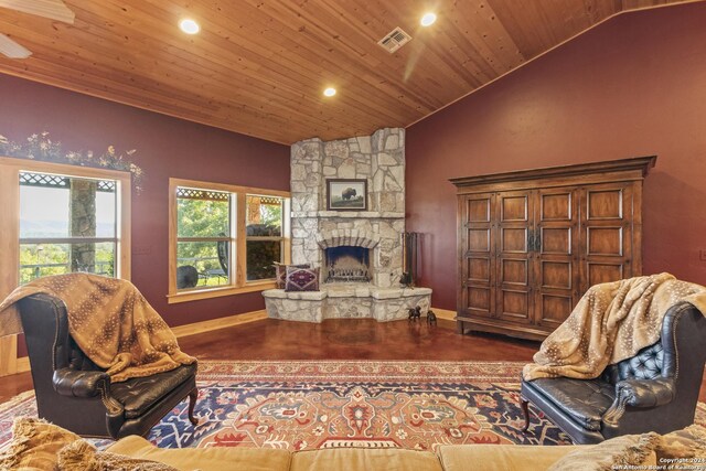 living room with wooden ceiling, lofted ceiling, a fireplace, and hardwood / wood-style flooring