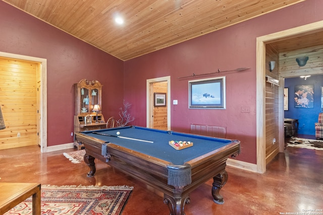 playroom with wood ceiling, lofted ceiling, pool table, and wood walls