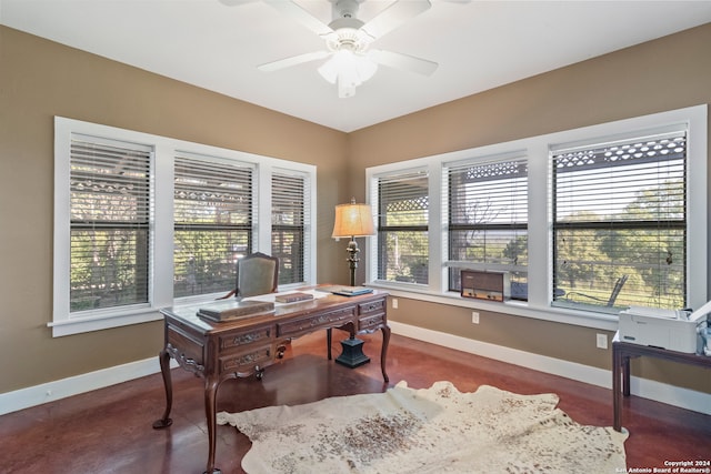 office space with ceiling fan and concrete flooring