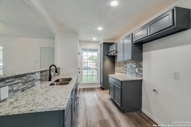 kitchen with baseboards, wood finished floors, tasteful backsplash, a sink, and light stone counters