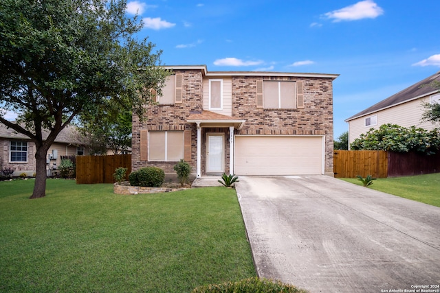 front facade with a garage and a front yard