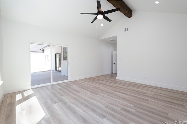 interior space with light hardwood / wood-style floors, beam ceiling, high vaulted ceiling, and ceiling fan