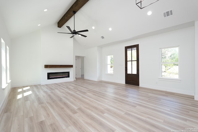 unfurnished living room with light hardwood / wood-style floors, beam ceiling, high vaulted ceiling, and ceiling fan