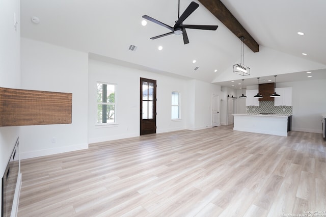 unfurnished living room with lofted ceiling with beams, light hardwood / wood-style floors, and ceiling fan