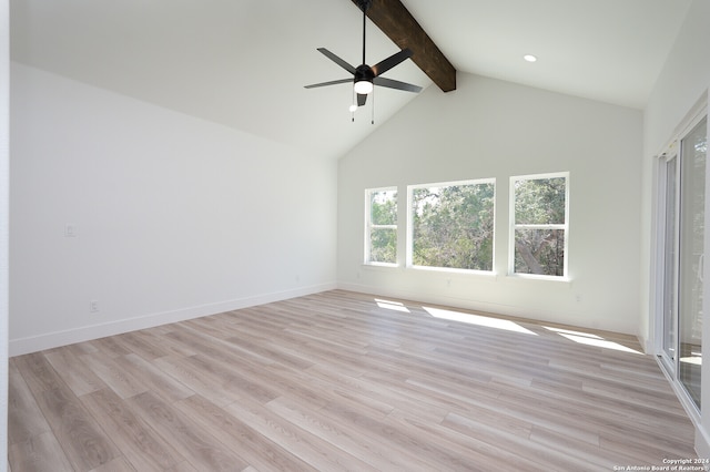 interior space featuring light hardwood / wood-style floors, beam ceiling, high vaulted ceiling, and ceiling fan