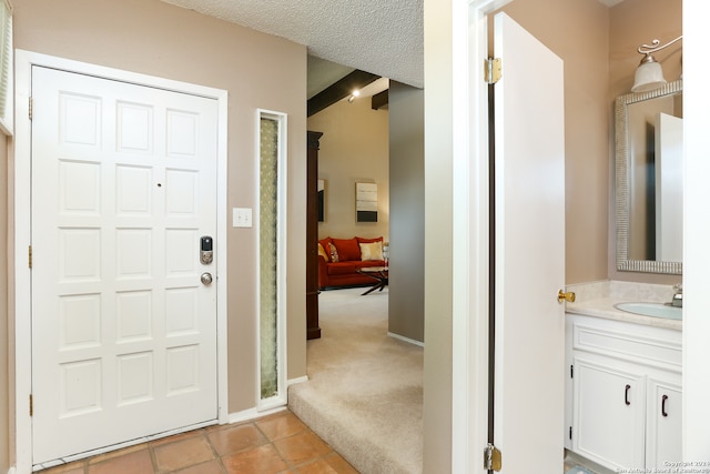 foyer entrance featuring light colored carpet, a textured ceiling, and sink