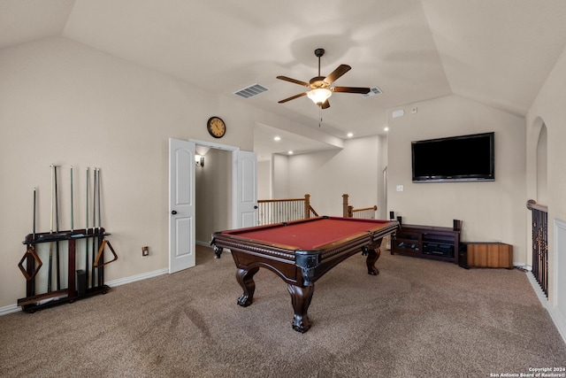 recreation room featuring pool table, lofted ceiling, carpet flooring, and ceiling fan