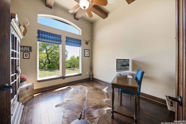 office space featuring a high ceiling, beam ceiling, dark hardwood / wood-style floors, and ceiling fan