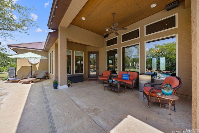 view of patio / terrace featuring ceiling fan and an outdoor hangout area