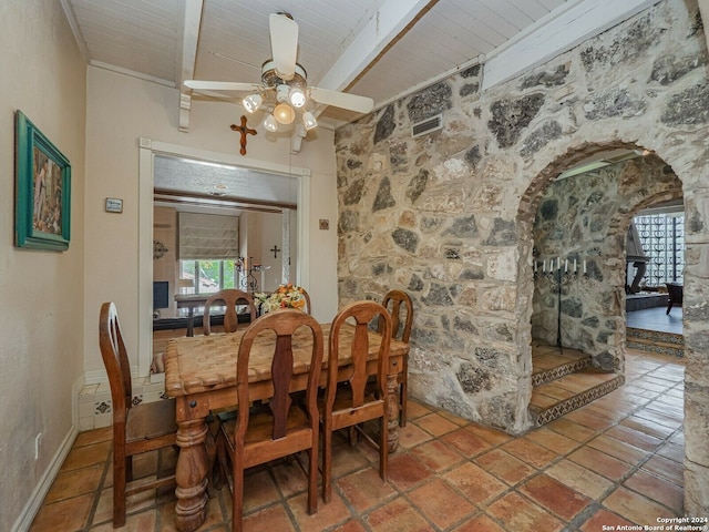 dining room featuring wood ceiling, ceiling fan, and beamed ceiling