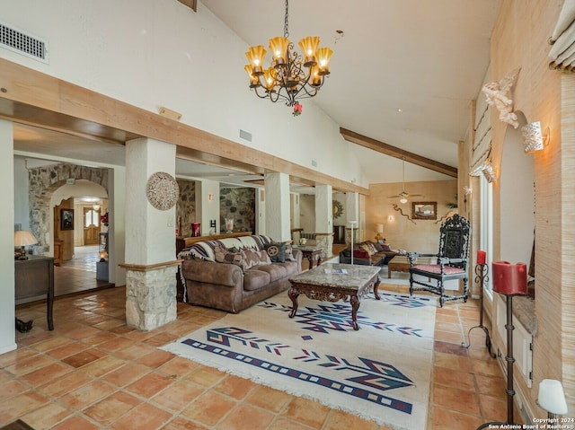 living room with beamed ceiling, high vaulted ceiling, decorative columns, an inviting chandelier, and tile patterned flooring