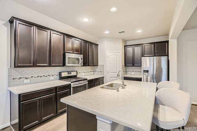 kitchen with appliances with stainless steel finishes, tasteful backsplash, light wood-type flooring, a kitchen island with sink, and sink