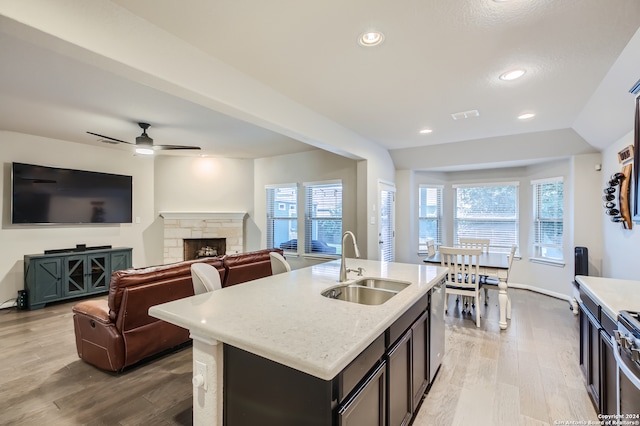 kitchen featuring sink, light hardwood / wood-style flooring, stainless steel appliances, a center island with sink, and ceiling fan