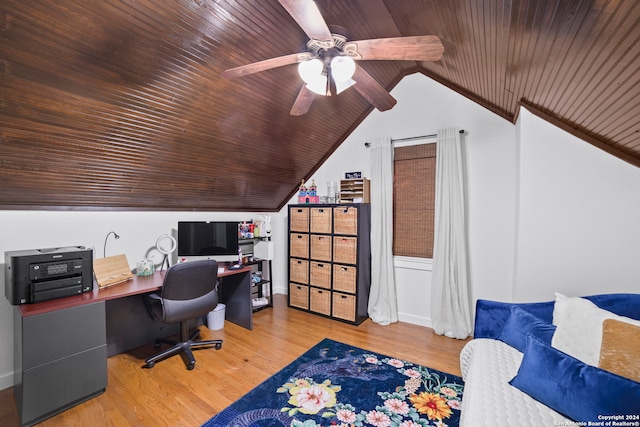 office space featuring ceiling fan, hardwood / wood-style floors, wooden ceiling, and vaulted ceiling