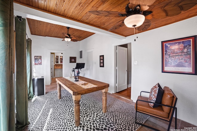 office with ceiling fan and wood ceiling