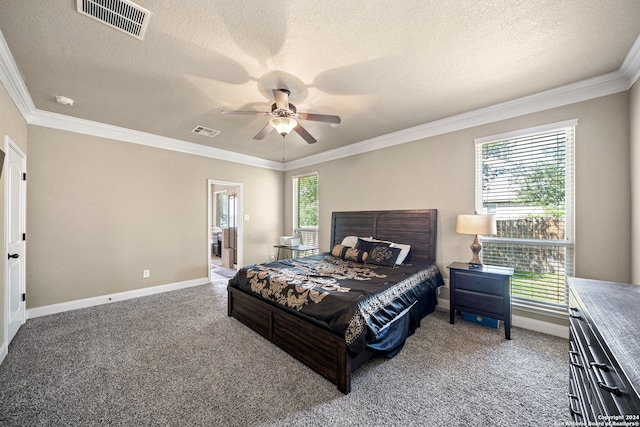 carpeted bedroom featuring a textured ceiling, ceiling fan, and multiple windows