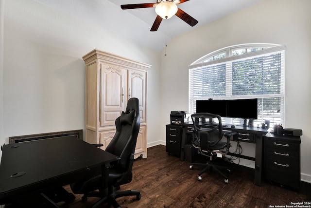 office space with ceiling fan, lofted ceiling, and dark hardwood / wood-style flooring